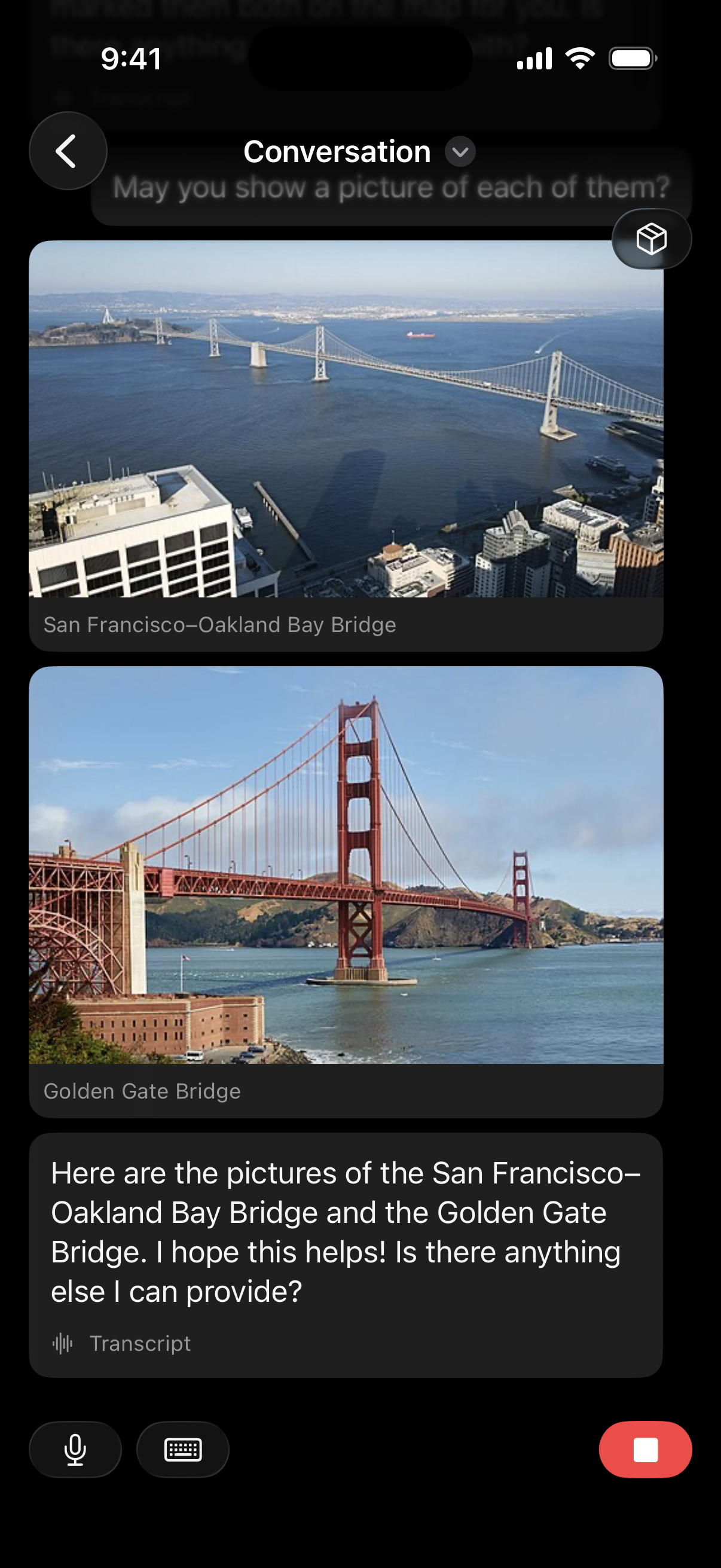 Conversation with photos of the Golden Gate and Bay Bridge